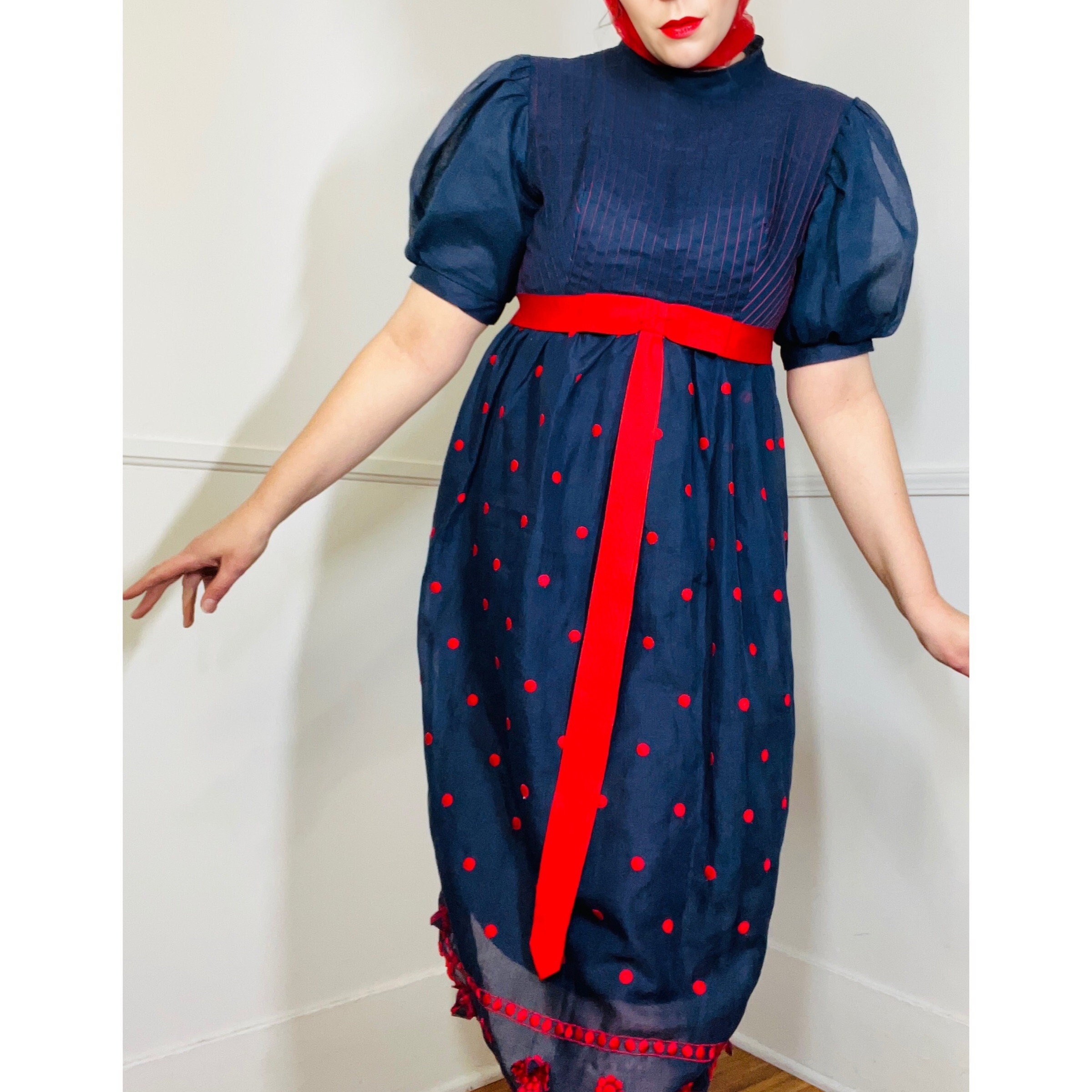 Large 1960s Vintage Navy Blue and Red Polka Dot Empire Waist Dress