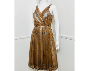 Small Y2K Vintage NEW WITH TAGS Brown and Blue Beaded Party Dress by Tracy Reese New York