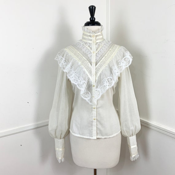 1970's Vintage Gunne Sax Ivory Sheer Blouse | Gunn