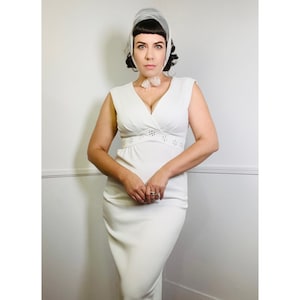 Medium Early 1970s Vintage White Mod Maxi Gown with Rhinestone Embellished Waist by Leslie Fay Knits