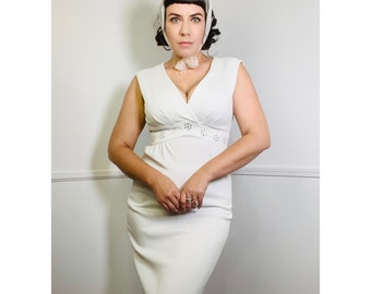Medium Early 1970s Vintage White Mod Maxi Gown with Rhinestone Embellished Waist by Leslie Fay Knits