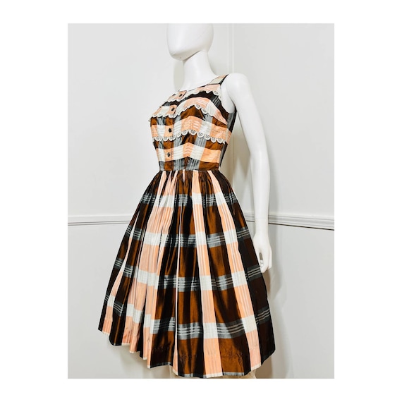 Small 1950s Vintage Autumnal Plaid Taffeta Dress … - image 1