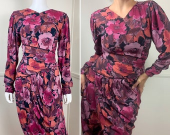 Large 1990's Vintage Rayon Draped Floral Print Dress by I. Magnin