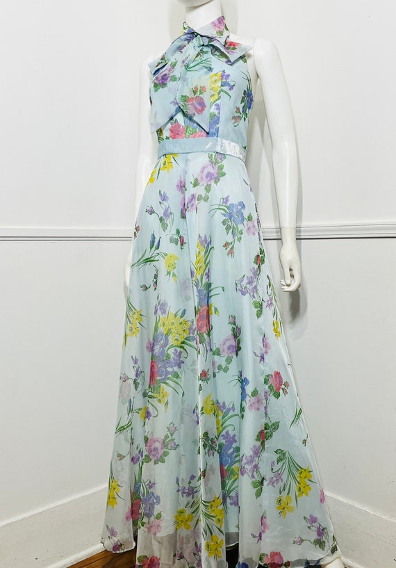 Small 1970s Vintage Blue Floral Halter Maxi Dress - image 3