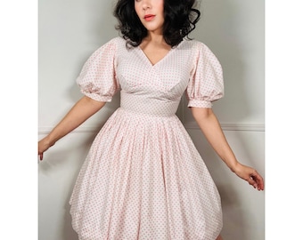 Medium 1950s Vintage White and Pink Polka Dot Cotton Day Dress