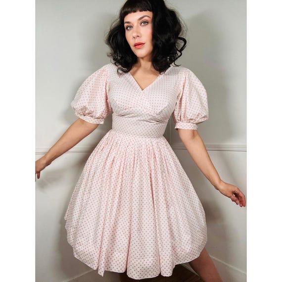 Medium 1950s Vintage White and Pink Polka Dot Cotton Day Dress
