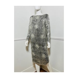 Medium 1980s Vintage Black and Silver Silk Beaded Dress by Swee Lo