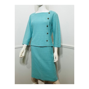 Medium 1960s Vintage Aqua Knit Skirt Suit by Apollo Knits
