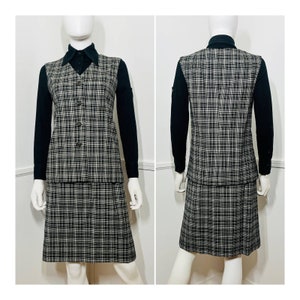 Small 1970s Vintage Black and White Wool Plaid Vest and Skirt Set