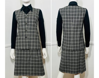 Small 1970s Vintage Black and White Wool Plaid Vest and Skirt Set