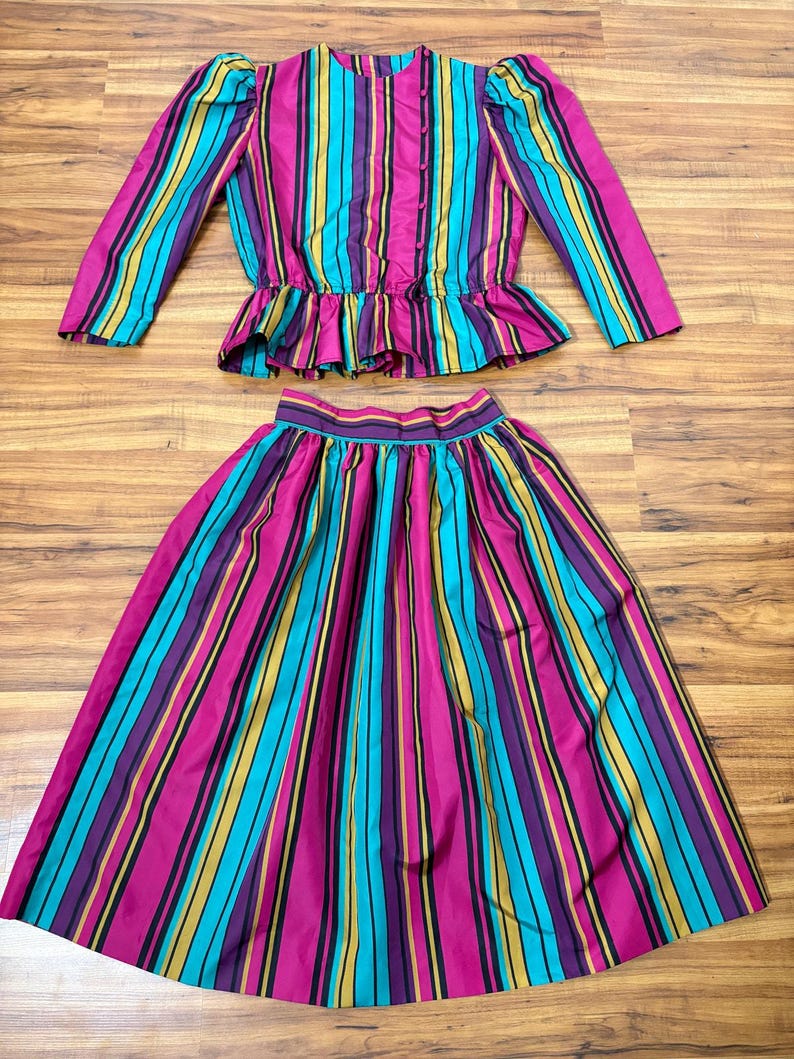 1980s Vintage Striped Peplum Top and Skirt Set image 2