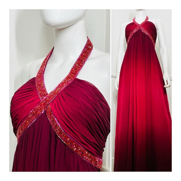 Medium Y2K Vintage Ombré Burgundy Beaded Halter Gown