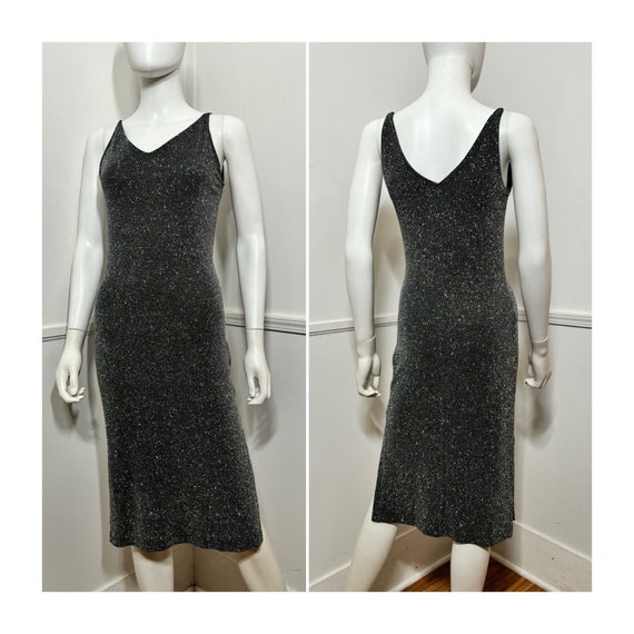 Small to Large Y2k Vintage Black and Silver Glitter Midi Dress by Alyn Paige