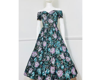 Extra Small to Small- Size 3 - 1990s Vintage Dark Floral Cotton Party Dress by All That Jazz