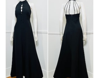 Medium 1970s Vintage Black Keyhole Bodice Maxi Dress by Caro
