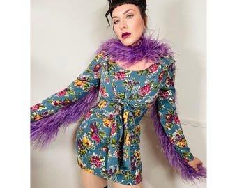 Medium Y2K Vintage Blau Viskose Floral Mini Kleid von Betsey Johnson