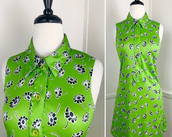 Large 1990's Vintage Lime Green Daisy Print Collared Mini Dress