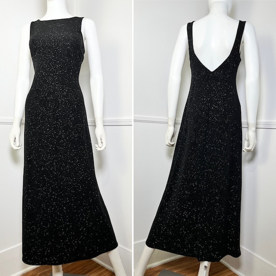Medium to Large Y2K Vintage Black Glitter Rose Maxi Gown by Teddi Evenings Medium to Large Y2K Vintage Black Glitter Rose Maxi Gown by Teddi Evenings