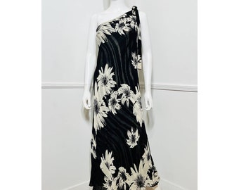 Petite Large 1990s Vintage Floral Beaded One Shoulder Dress by Majick