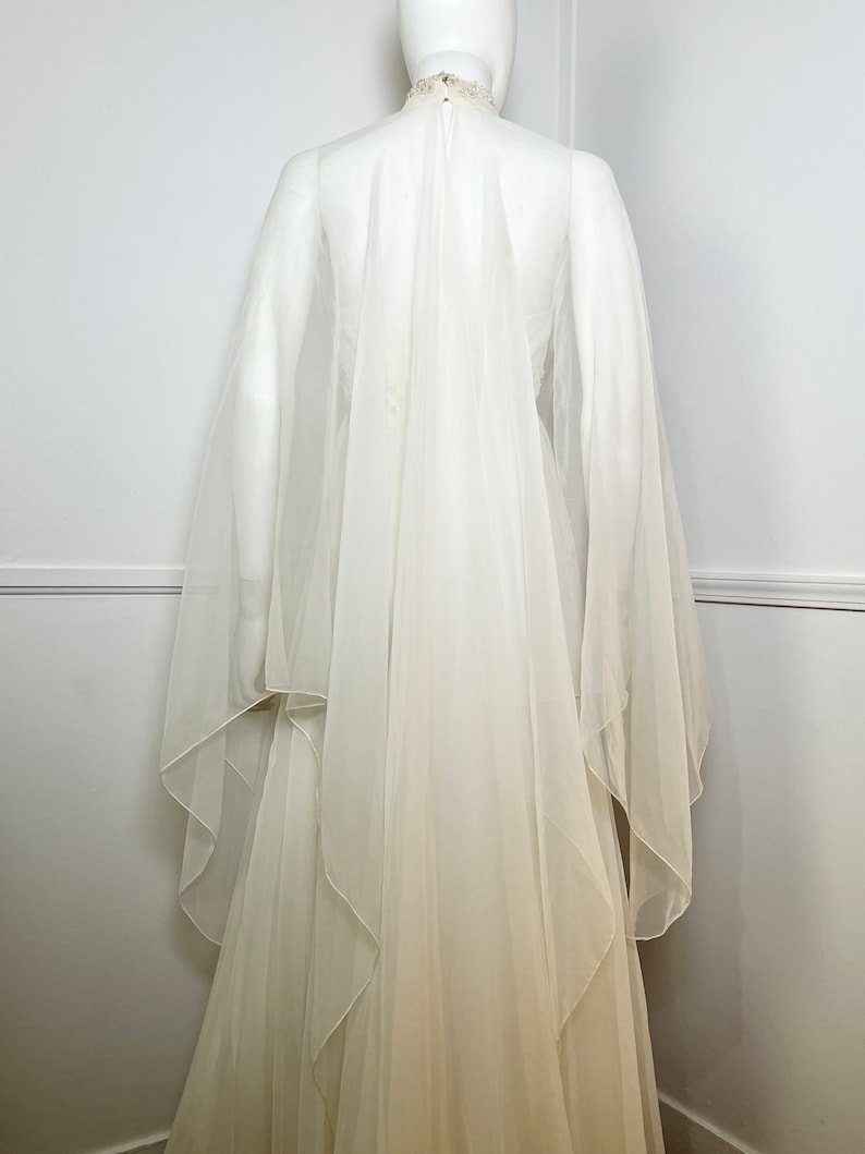 Small 1970s Vintage White Beaded Halter Gown with Attached Cape Train by House of Bianchi image 7