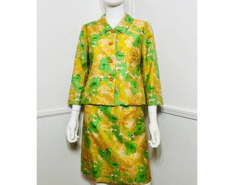 Small 1960s Vintage Mid Century Abstract Floral Silk Suit