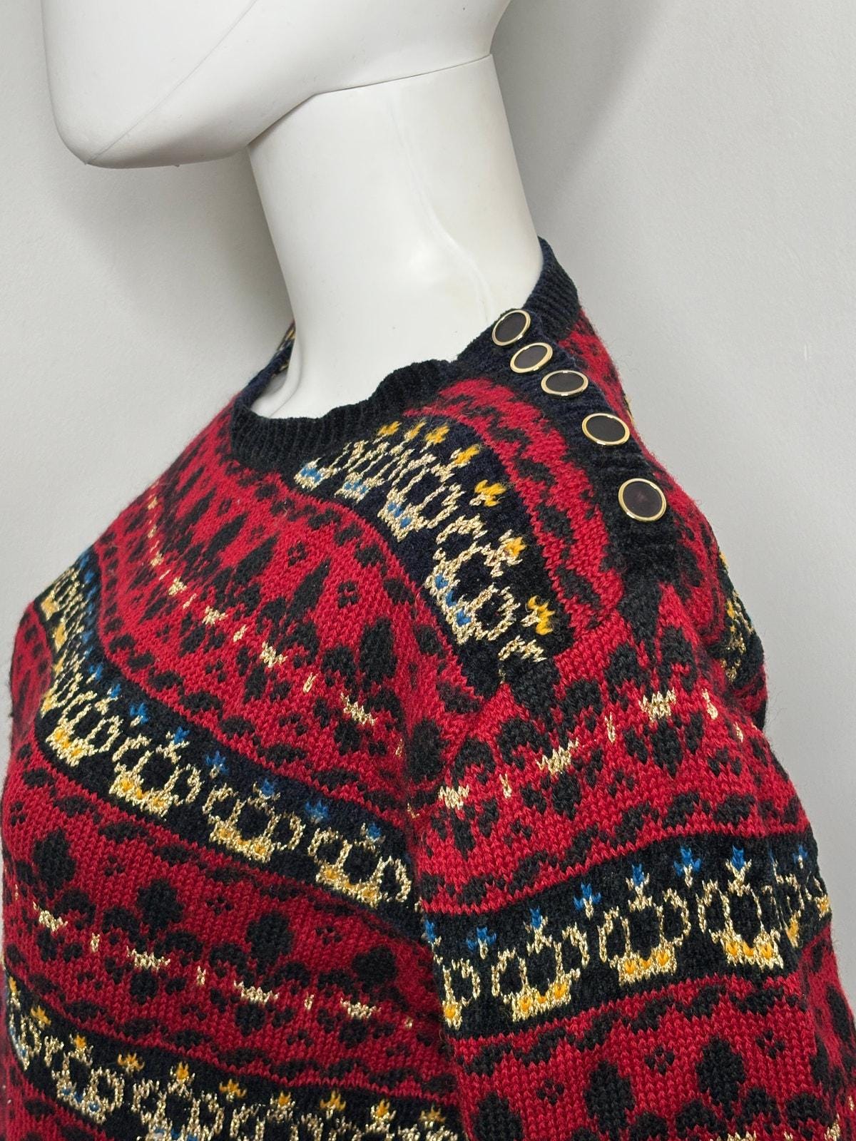 Medium to Large 1990s Vintage Heraldic Intaria Knit Wool Sweater 
