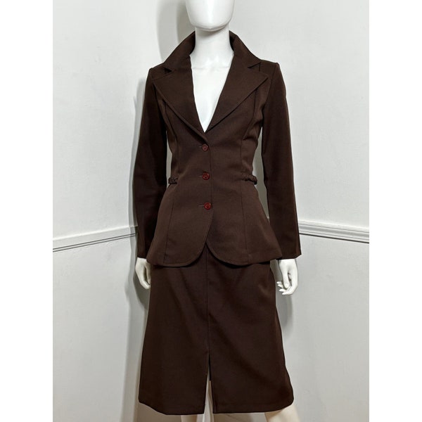 Medium to Large 1970s Vintage Chocolate Brown Skirt Suit