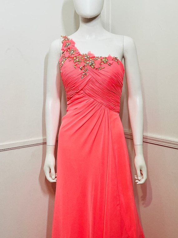 neon coral prom dresses Coral Mermaid One Shoulder Beaded Long Prom Dress with Slit Coral Pink / 4