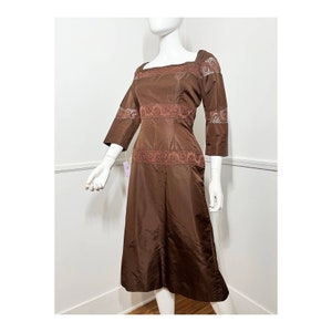 Large 1950s Vintage DEADSTOCK Brown Lace Inset Cocktail Dress