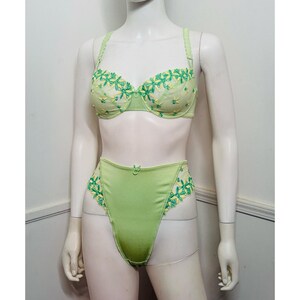 May include: A light green lingerie set consisting of a bra and high-waisted briefs. The bra features sheer cups with embroidered yellow and green floral patterns. The matching briefs have a solid green center panel with sheer side panels.