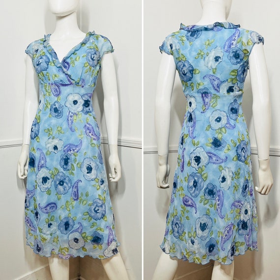 Small Size 4 Y2K Vintage Blue Floral Dress by CDC… - image 1