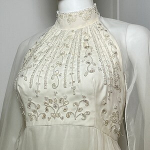 Small 1970s Vintage White Beaded Halter Gown with Attached Cape Train by House of Bianchi image 5