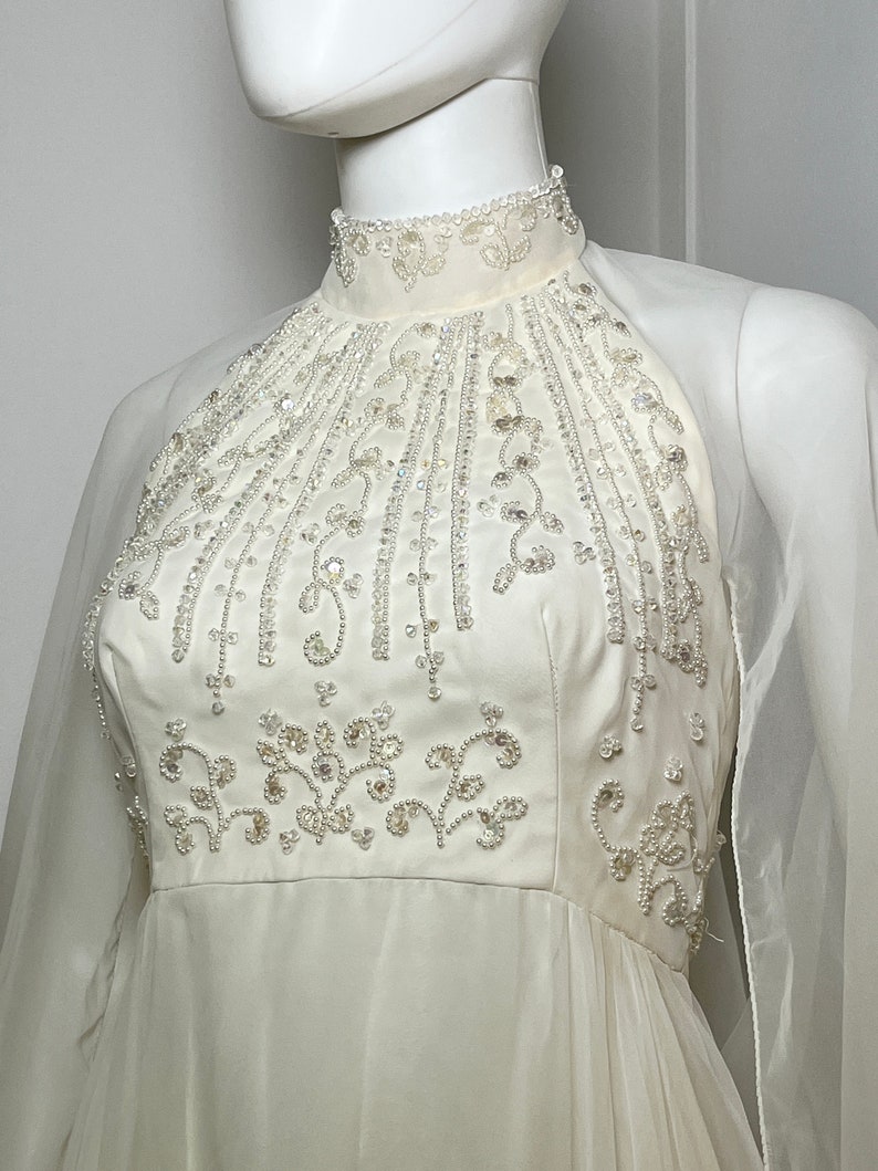 Small 1970s Vintage White Beaded Halter Gown with Attached Cape Train by House of Bianchi image 5