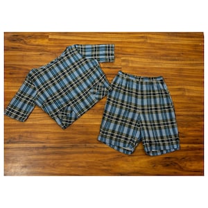 Small 1960s Vintage Blue Cotton Plaid Top and Shorts Set by Fritzi of California