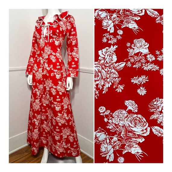 Medium  1970s Vintage Red Rose Print Hostess Dres… - image 1