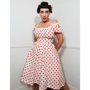 Small 1970s Vintage White And Red Polka Dot Milkmaid Dress
