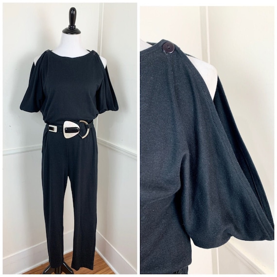 Curvy- 1980's Vintage Black Cold Shoulder Jumpsuit