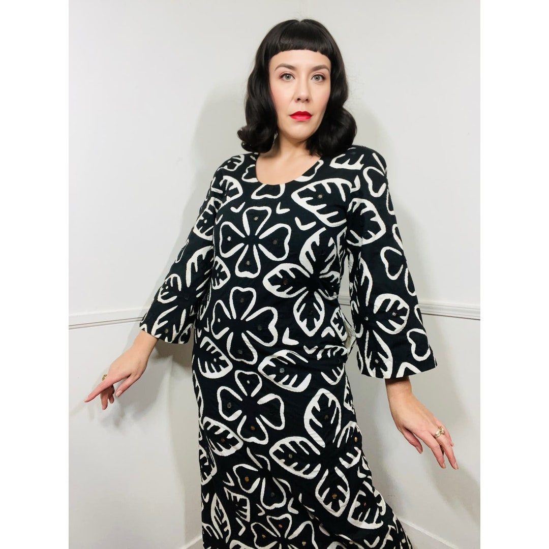Medium 1960s Vintage Black and White Cotton Botanical Maxi Gown by ...