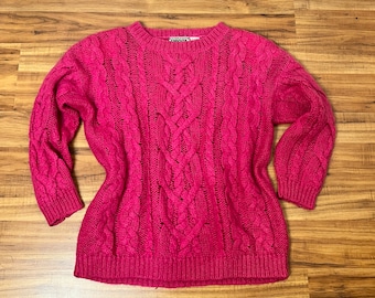 Curvy Large - 1980s Vintage Fuchsia Mohair Blend Cable Knit Sweater by Forenza