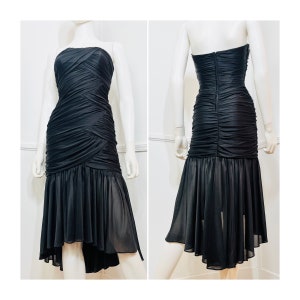 Small 1980s Vintage Black Draped and Pleated Strapless Jersey Dress from Joseph Magnin
