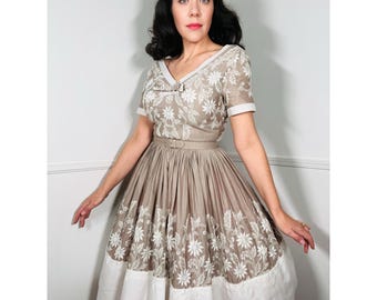 Small 1950s Vintage Taupe Cotton Embroidered Dress