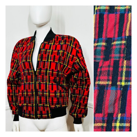 Medium to Extra Large 1990s Vintage Red Plaid Bomber Jacket by