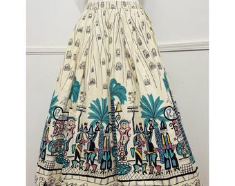 Saia de algodão com estampa divertida "Tin Horn Holiday" vintage dos anos 1950, da Saul Steinberg.