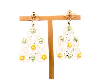 Italian White Filigeree Floral Dangle Earrings