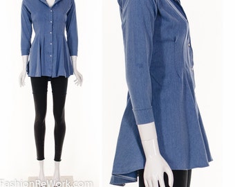 Rare Denim Duster Button Down Shirt DENIM JACKET High Low Denim Shirt Baby Doll Workwear  Pearl Snap Buttons Western Denim Shirt Tunic XS S
