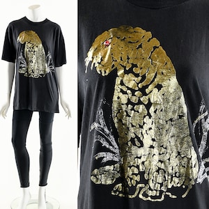 Leopard Tshirt, Fierce Kitty Shirt, Jungle Cat Tee, Metallic Gold Leopard, Cheetah Shirt, Vintage 70s Shirt, Hand Painted Shirt, black tee