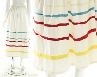 Ribbon Circle Skirt,White Rainbow Skirt,Vintage Full Skirt,Rainbow Ribbon Skirt,High Waist Skirt,70s White Skirt,Hippie Boho Comfy Midi