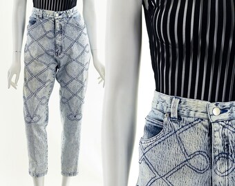 Filigree Quilted Stitching Mom Jeans,80s Acid Wash Jeans,High Waist Denim,Sexy Mom Jeans,