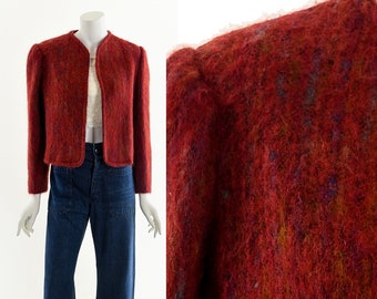 fuzzy red cropped jacket,knit sweater open coat,mixed fiber coat,wearable art jacket,puff shoulder jacket,red wool jacket