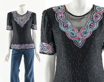 Black Beaded Blouse,Hand Beaded Silk Top,Silk Sequin Blouse,Sparkly Sequence Blouse,70s Disco Top,Party Silk Top,Semi Sheer Top,NYE Party